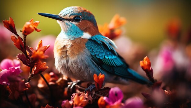 un uccello con una testa blu e un becco viola si siede su un letto di fiori