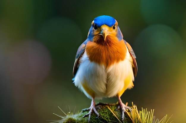 Un uccello con una testa blu e una pancia blu si siede su un ramo coperto di muschio.