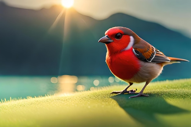 Un uccello con una testa rossa e una testa bianca si siede su una superficie coperta di erba verde.