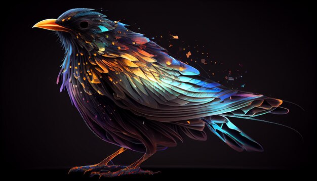 Un uccello con uno sfondo nero e piume color arcobaleno.