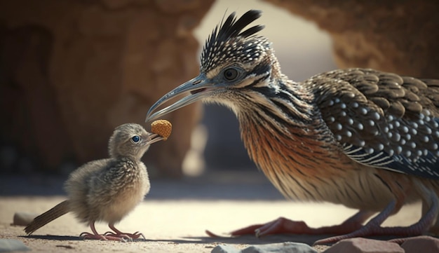 Un uccello corridore e un bambino che nutrono un'arte realistica generata dall'AI