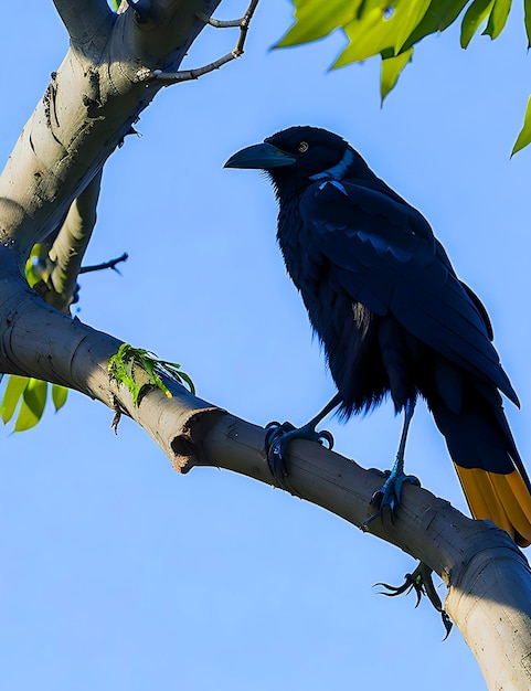 Un uccello corvo è seduto su un ramo di un albero