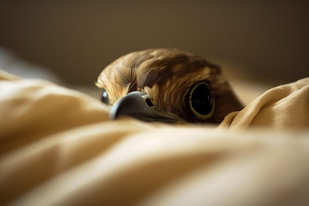 Un uccello dal becco nero fa capolino da sopra un lenzuolo beige.