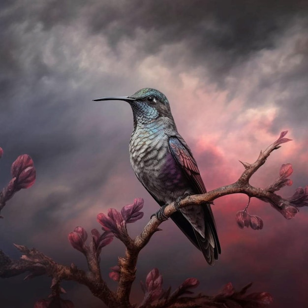 Un uccello dal becco viola siede su un ramo con fiori rosa.