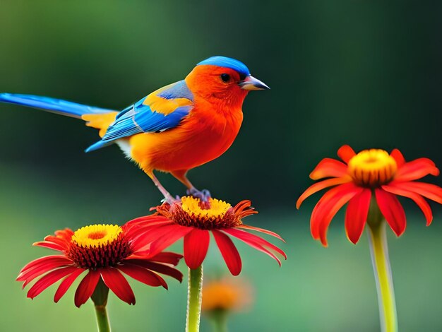 Un uccello dal corpo blu e giallo è seduto su un fiore.