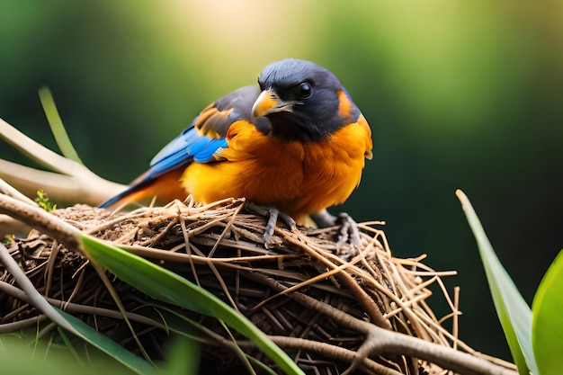 Un uccello dal corpo blu e giallo siede su un nido.