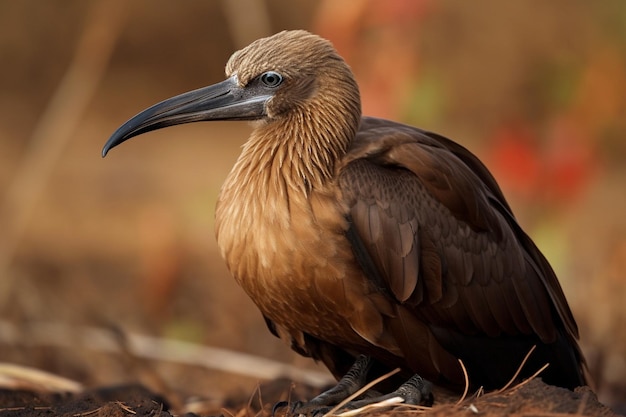 Un uccello dal lungo becco è seduto a terra.