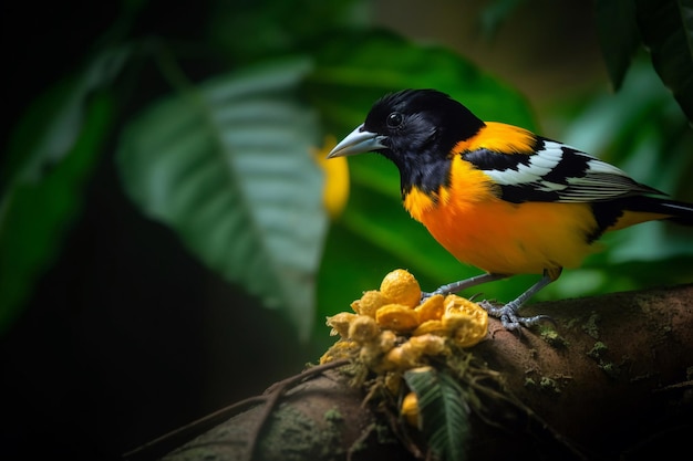 Un uccello dal petto nero e arancione si siede su un ramo.
