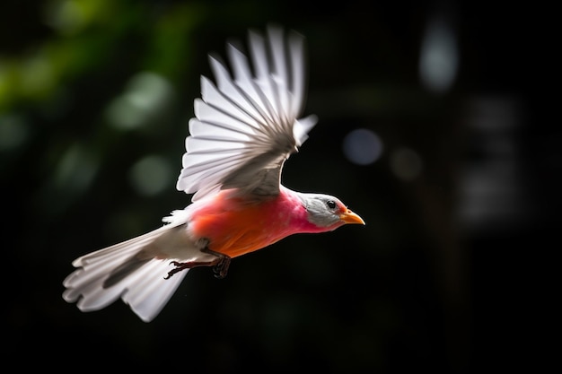 Un uccello dal petto rosso sta volando in aria.