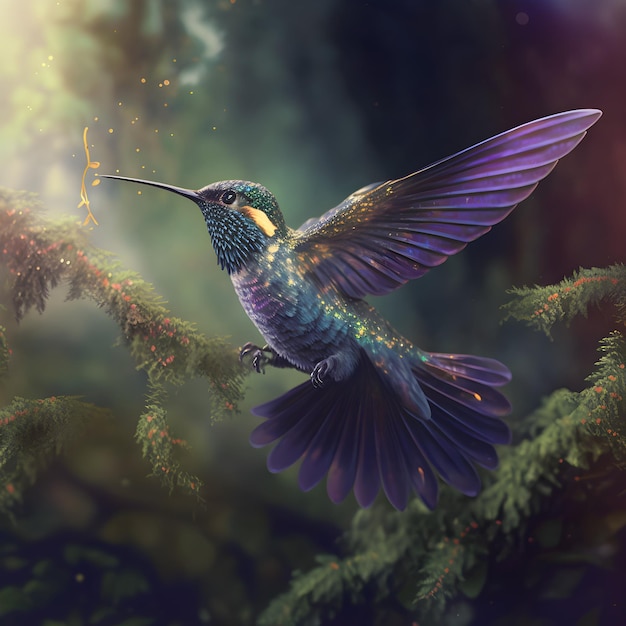 Un uccello dalle piume blu e viola sta volando in aria.