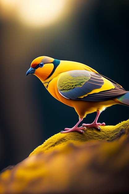 Un uccello dalle piume gialle e blu è in piedi su una roccia.