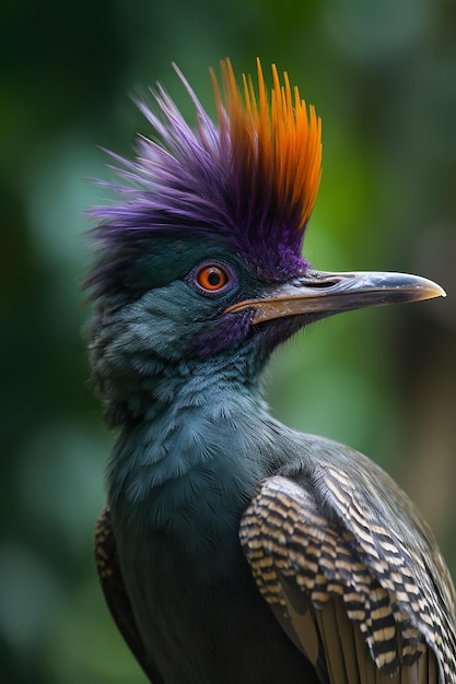 Un uccello dalle piume viola e arancioni e dal becco nero