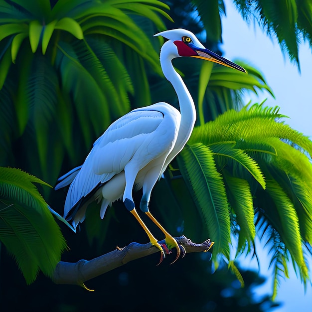 Un uccello della gru bianca è seduto su un grande ramo di un albero