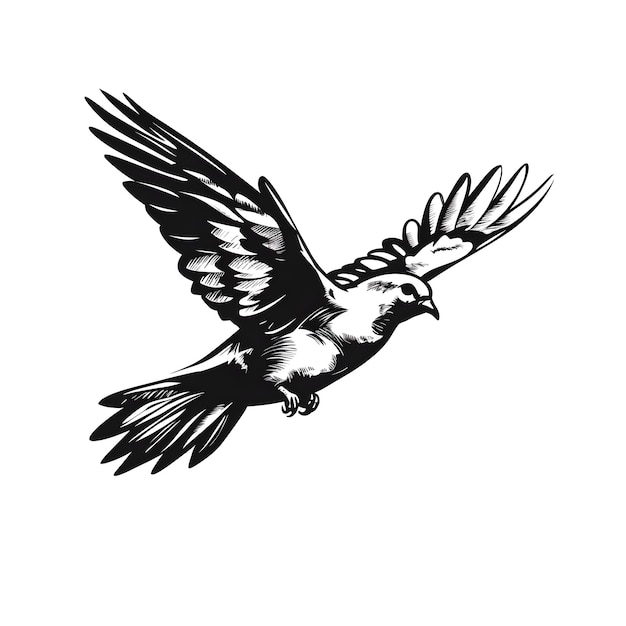 Un uccello della siluetta che vola con un ramoscello nel becco