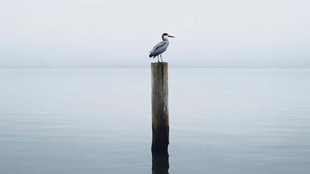 un uccello è in piedi su un palo nell'acqua
