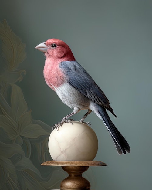 un uccello è in piedi su un piccolo oggetto rotondo con uno sfondo blu.