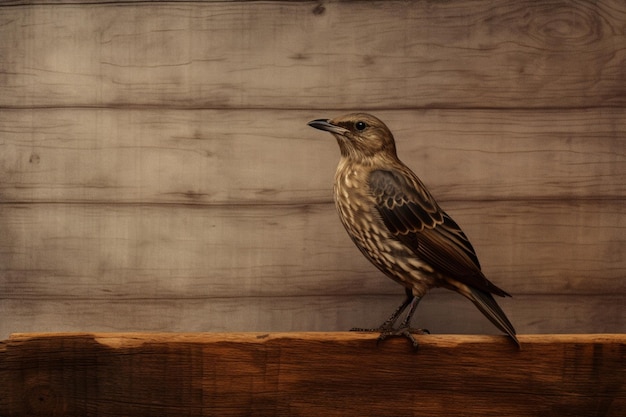 Un uccello è in piedi su una tavola di legno con uno sfondo di legno.