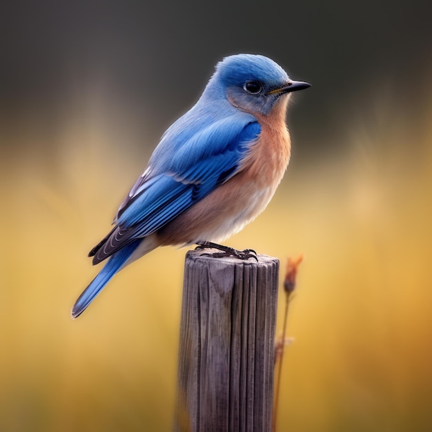 un uccello è seduto su un palo di legno con il sole dietro di esso.