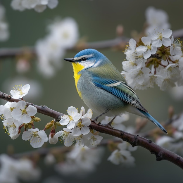 Un uccello è seduto su un ramo con sopra dei fiori bianchi.