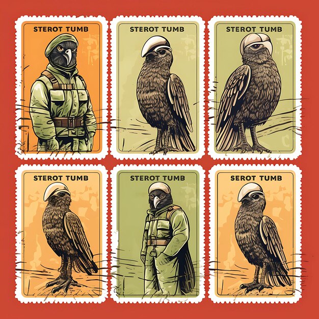 Un uccello falco colorato con una tuta da pompiere che tiene un tubo d'acqua un'idea di collezione di francobolli per animali