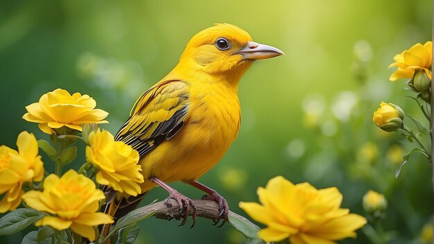 Un uccello giallo brillante è seduto su un ramo con fiori gialli