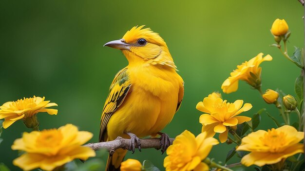 Un uccello giallo brillante è seduto su un ramo con fiori gialli