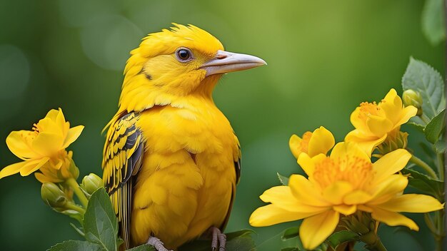 Un uccello giallo brillante è seduto su un ramo con fiori gialli