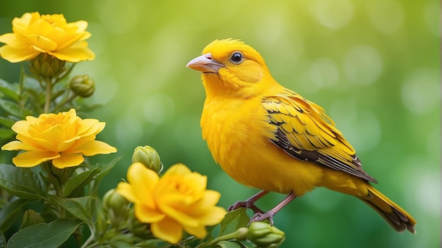 Un uccello giallo brillante è seduto su un ramo con fiori gialli
