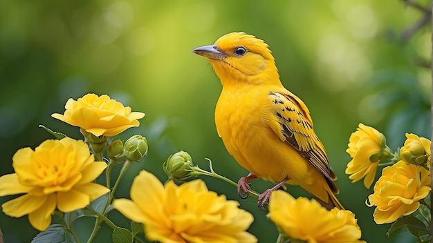 Un uccello giallo brillante è seduto su un ramo con fiori gialli