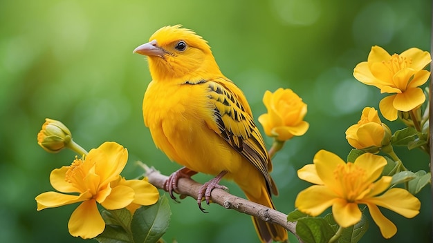 Un uccello giallo brillante è seduto su un ramo con fiori gialli