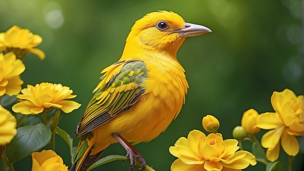 Un uccello giallo brillante è seduto su un ramo con fiori gialli