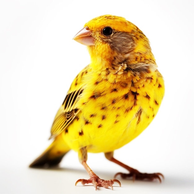 Un uccello giallo con occhi neri e un occhio nero è in piedi su una superficie bianca.