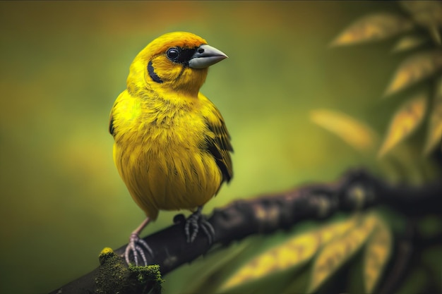 Un uccello giallo con una striscia nera sulla faccia si siede su un ramo.