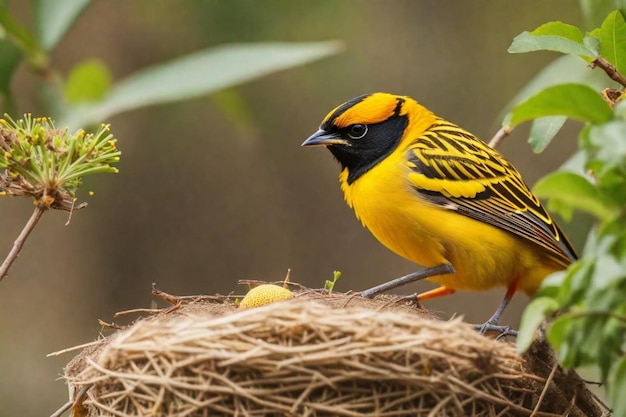 un uccello giallo e nero con un becco nero e piume gialle sulla testa