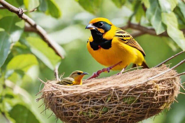 un uccello giallo e nero con un uccello bambino nel suo nido