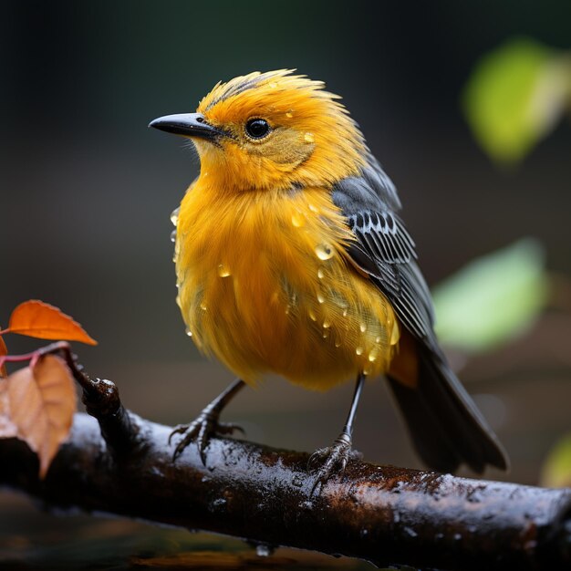 un uccello giallo e nero è seduto su un ramo con le foglie