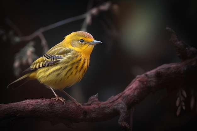 Un uccello giallo e nero si siede su un ramo con uno sfondo scuro.