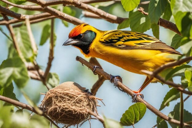 un uccello giallo e rosso con un becco che dice uccello su di esso