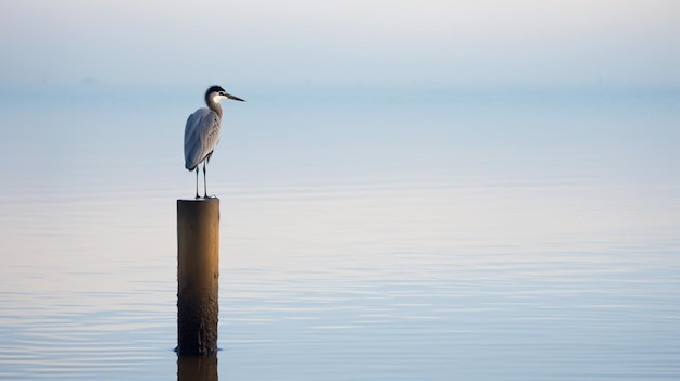 un uccello in piedi su un palo nell'acqua