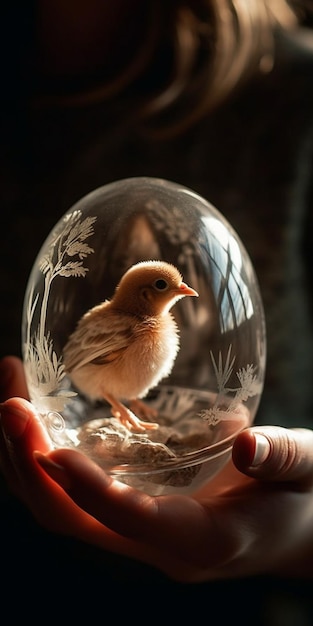 Un uccello in un bicchiere con sopra un fiore bianco