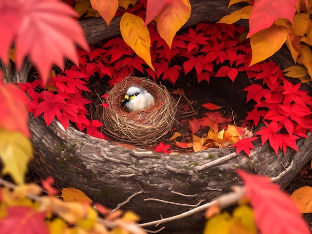 Un uccello in un nido con foglie rosse dentro