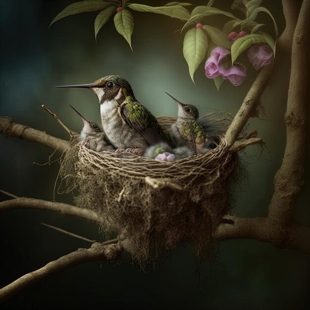 un uccello madre è seduto in un nido con i suoi cuccioli.