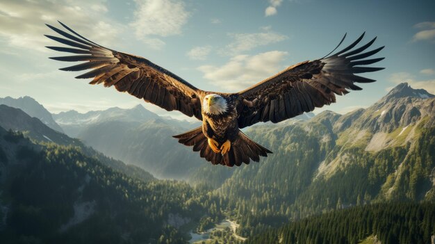 Un uccello maestoso che vola sopra una foresta verdeggiante