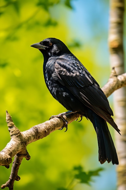 un uccello nero seduto su un ramo di un albero