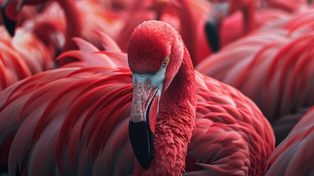 un uccello rosso con un becco blu si trova in un gruppo di altri fenicotteri