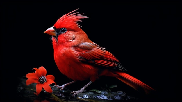 Un uccello rosso con uno sfondo nero e un uccello rosso