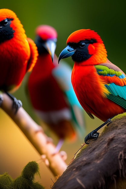 Un uccello rosso e verde con una testa blu e ali verdi.