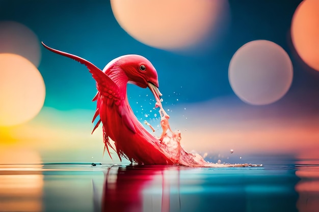 Un uccello rosso sta bevendo l'acqua di una piscina.
