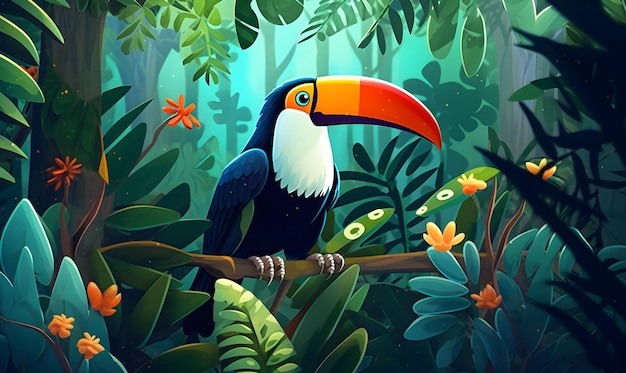 Un uccello seduto su un ramo nella giungla