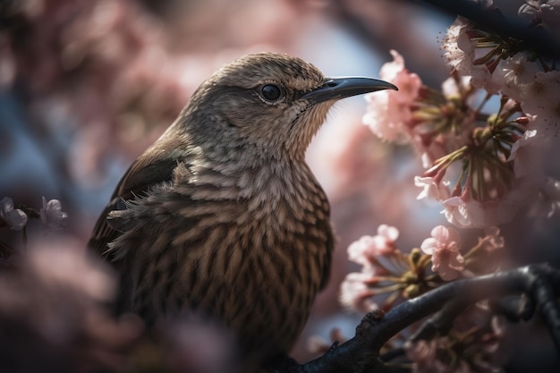 Un uccello si siede su un albero con fiori rosa sullo sfondo.